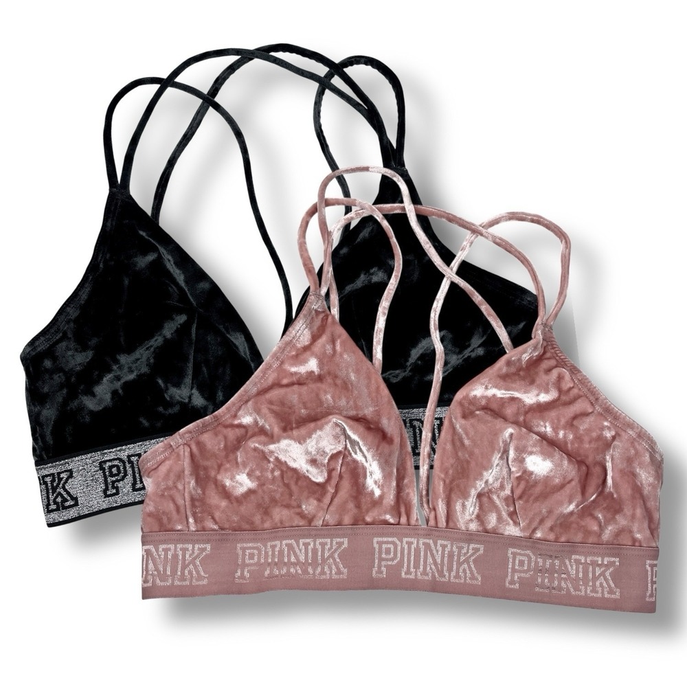 Lot Of 2 Victoria's Secret PINK Bralette Bra Womens Medium Wireless Velour Black